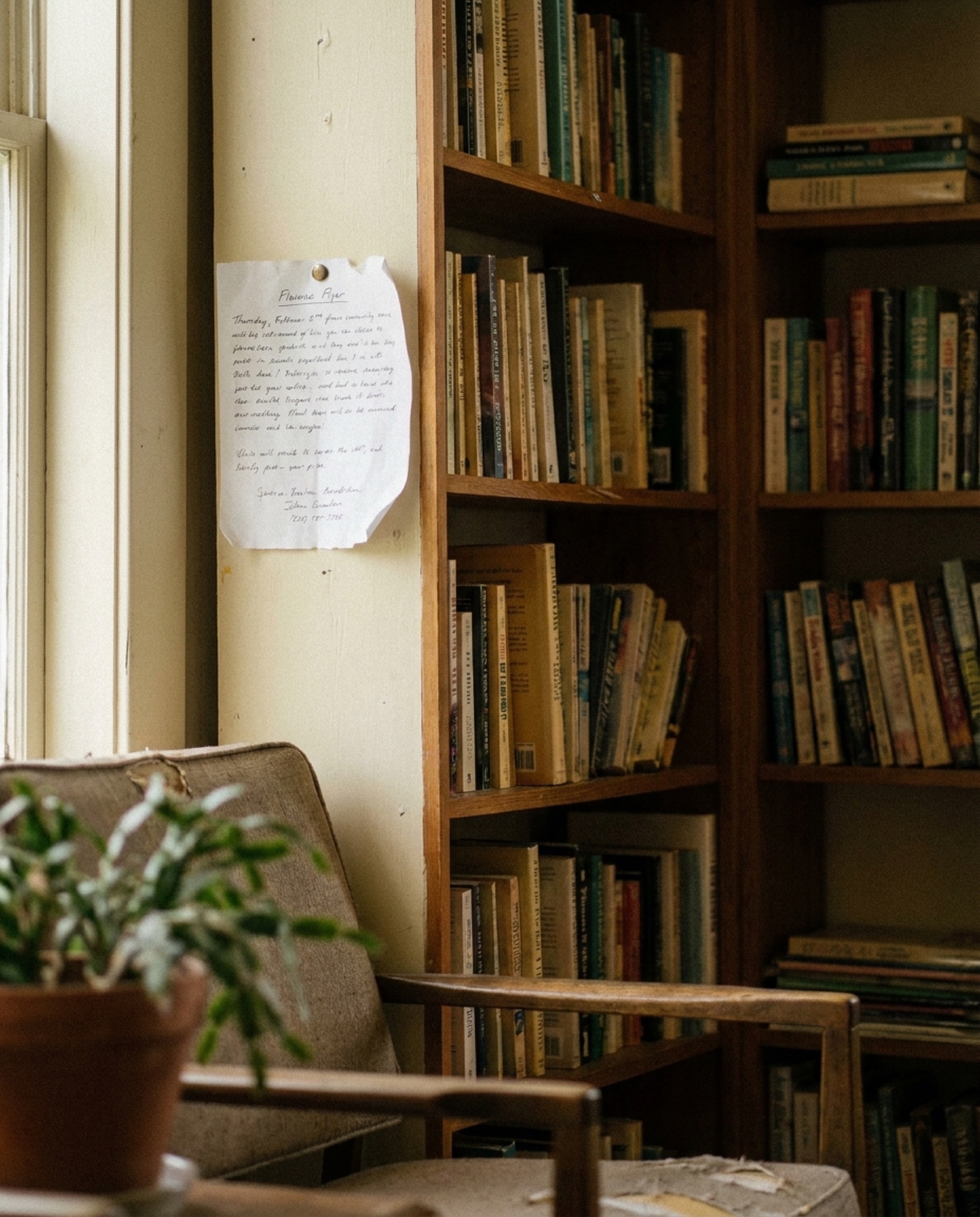 A worn community-space bookshelf with faded paperback spines and a handwritten flyer pinned beside it, in afternoon light.