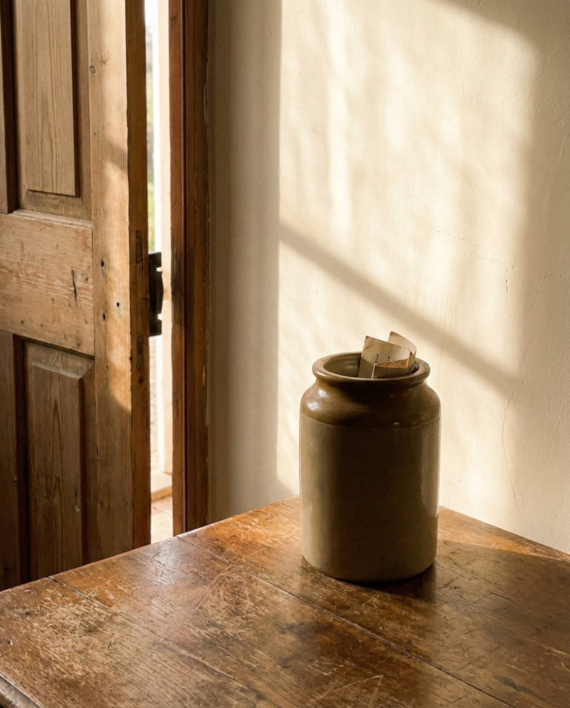A simple unlabeled ceramic jar on a wooden table near an open doorway, afternoon light leaking in from outside.