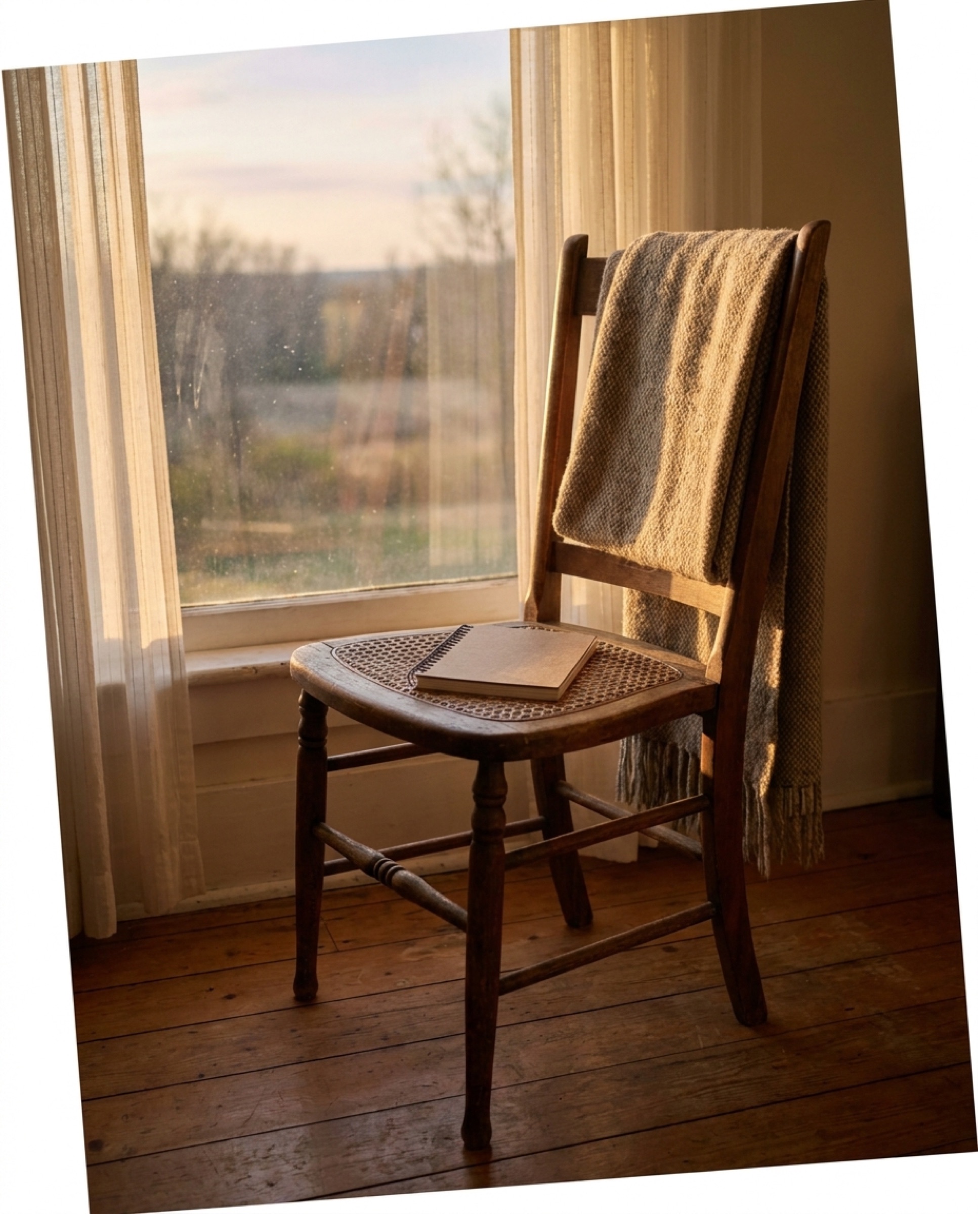 A single empty wooden chair beside a window, late afternoon light pouring in sideways, a notebook face-down on the seat and a handwoven blanket over the back.