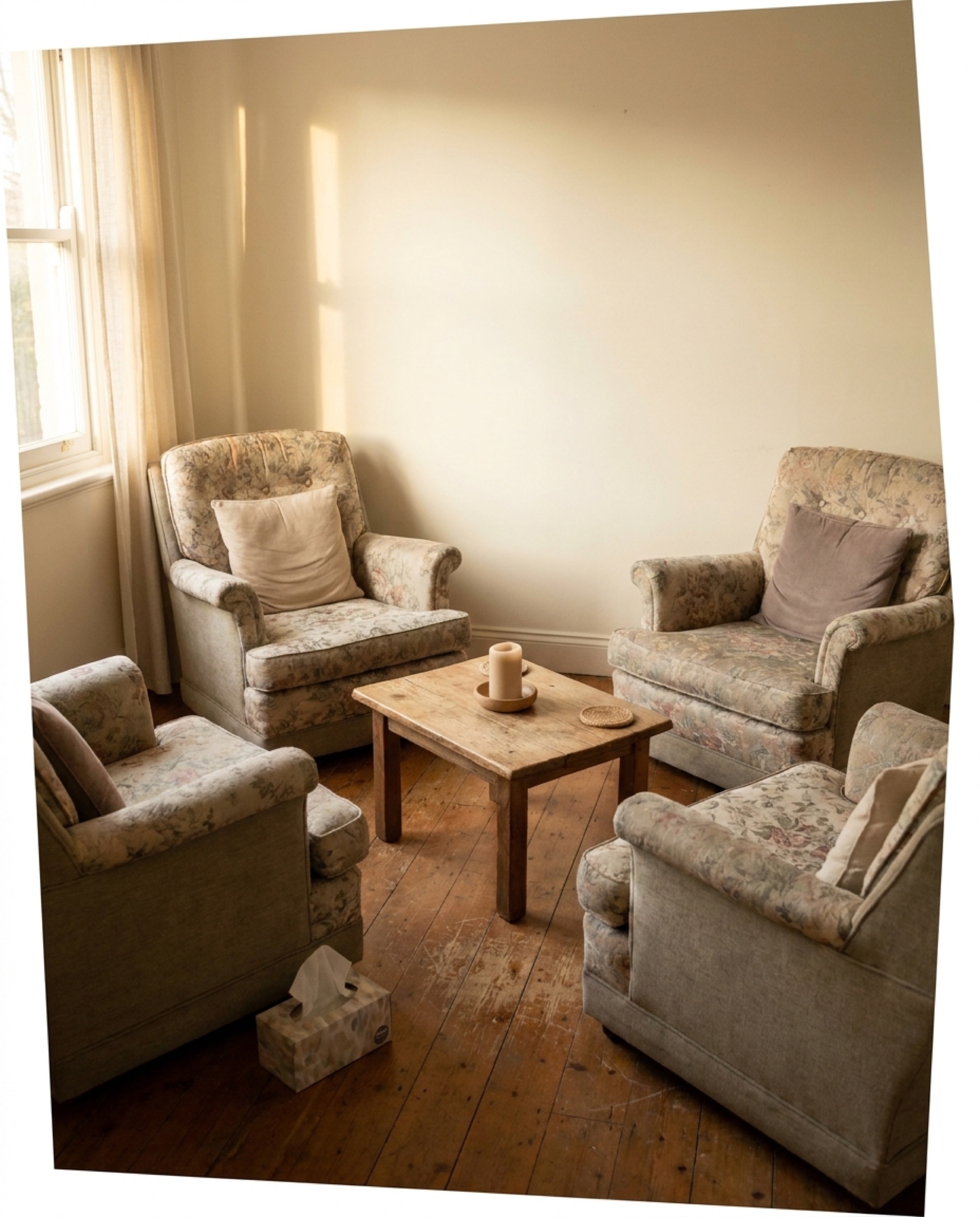 A small circle of cushioned chairs around a low wooden table holding an unlit candle, with a tissue box on the floor between two chairs, soft afternoon window light.