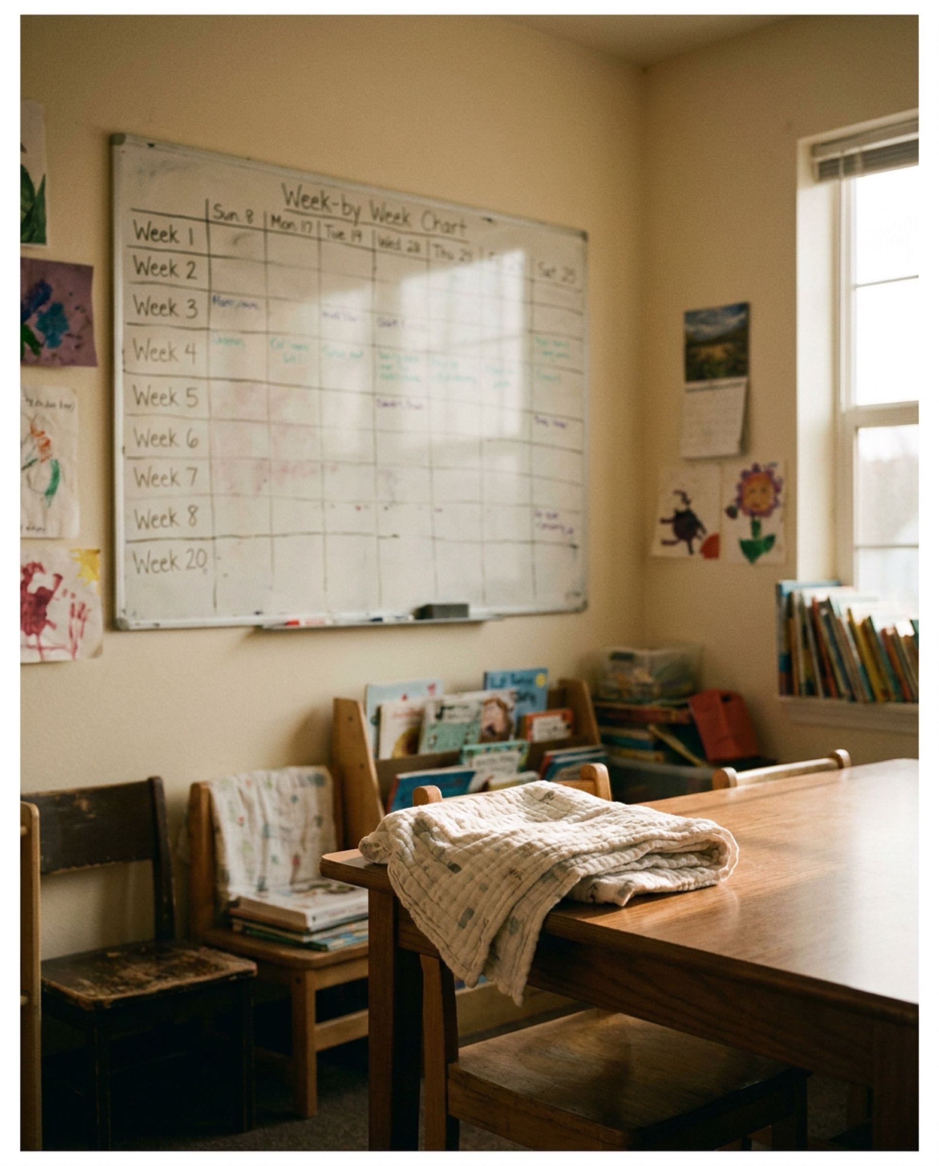 A whiteboard with a hand-drawn week-by-week feeding chart, text deliberately blurred, beside a folded swaddle sample on a wooden table in warm window light.