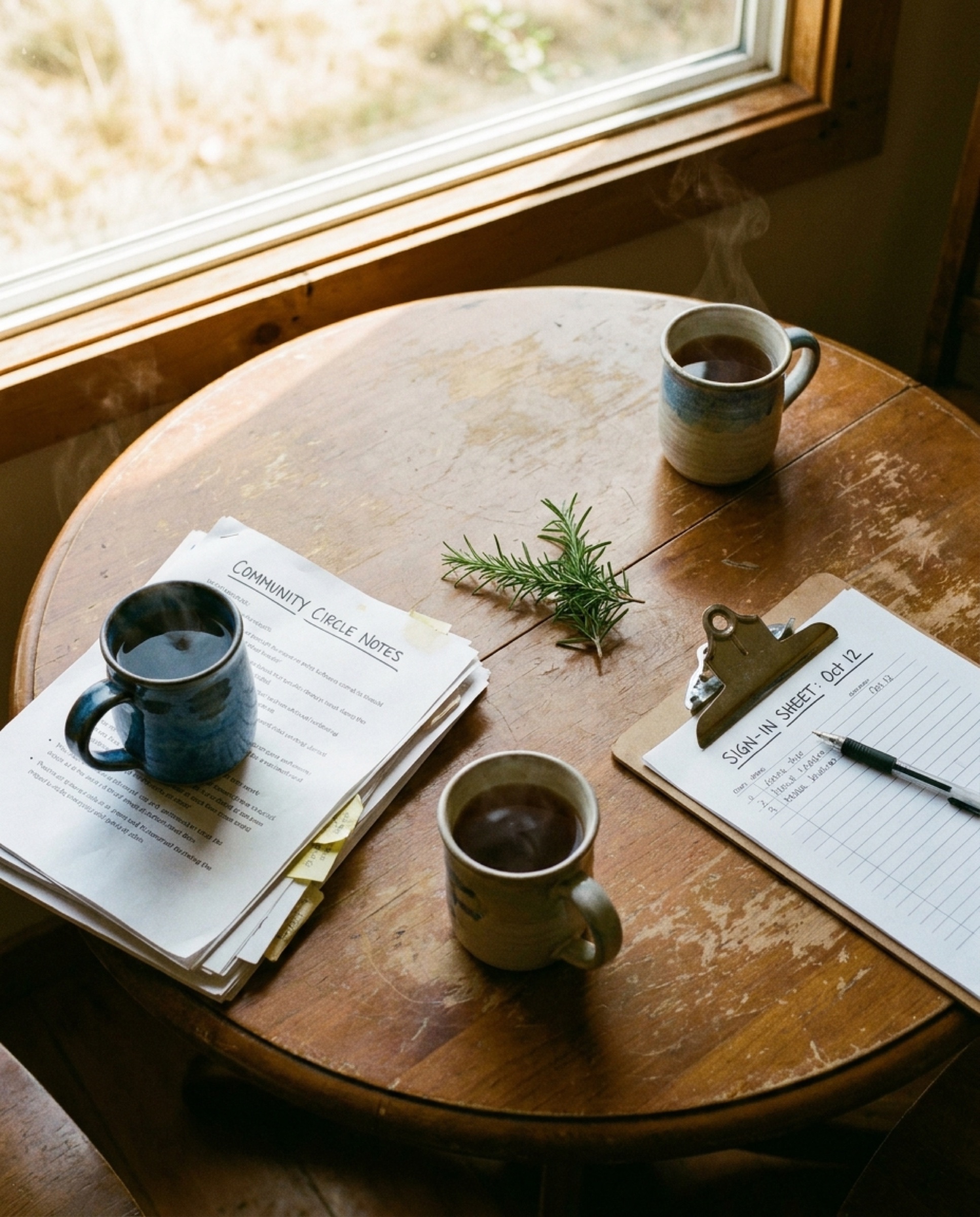 A round wooden table set with a stack of printed handouts, a clipboard with a sign-in sheet, and three mugs of herbal tea in warm afternoon window light.