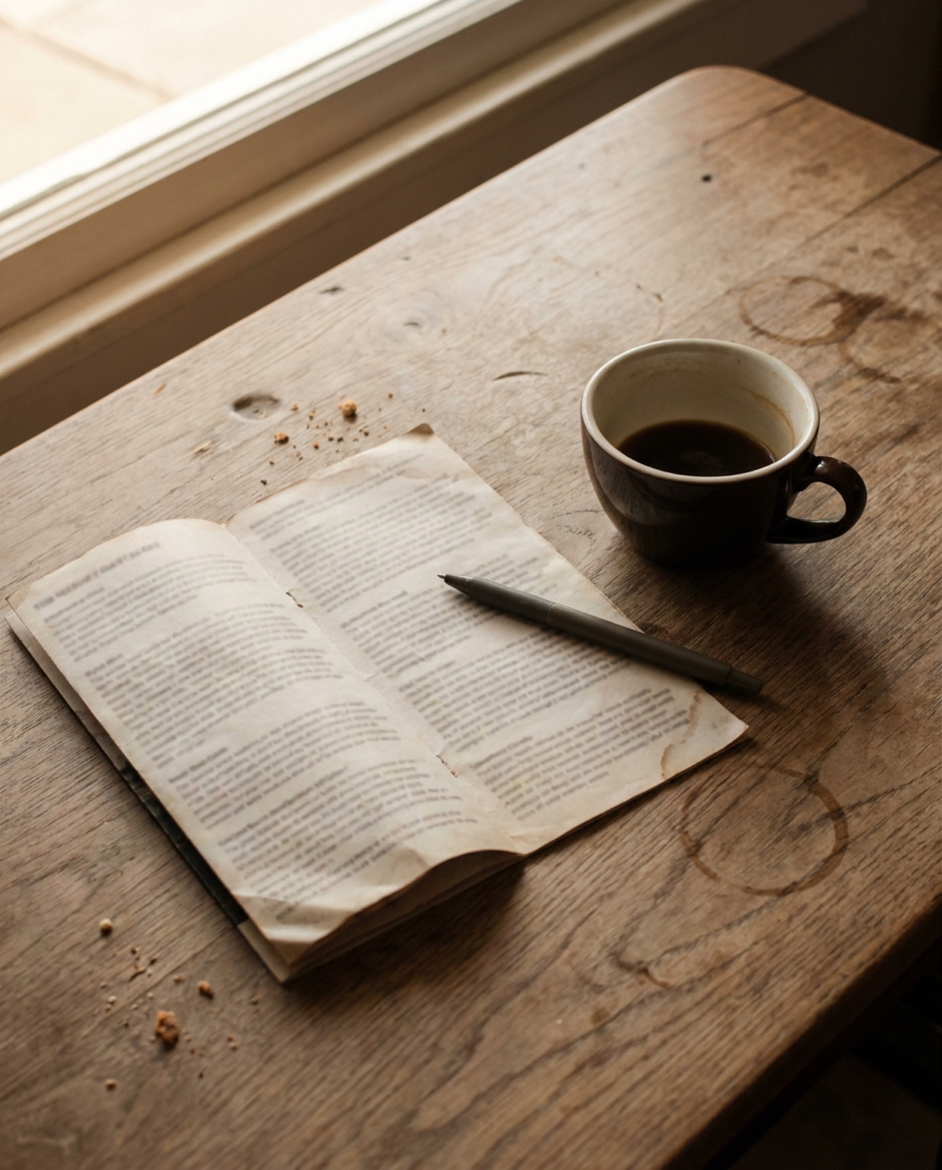 A printed program brochure on a wooden table beside a ceramic coffee cup, a pen lying across the brochure mid-page, in soft afternoon window light.