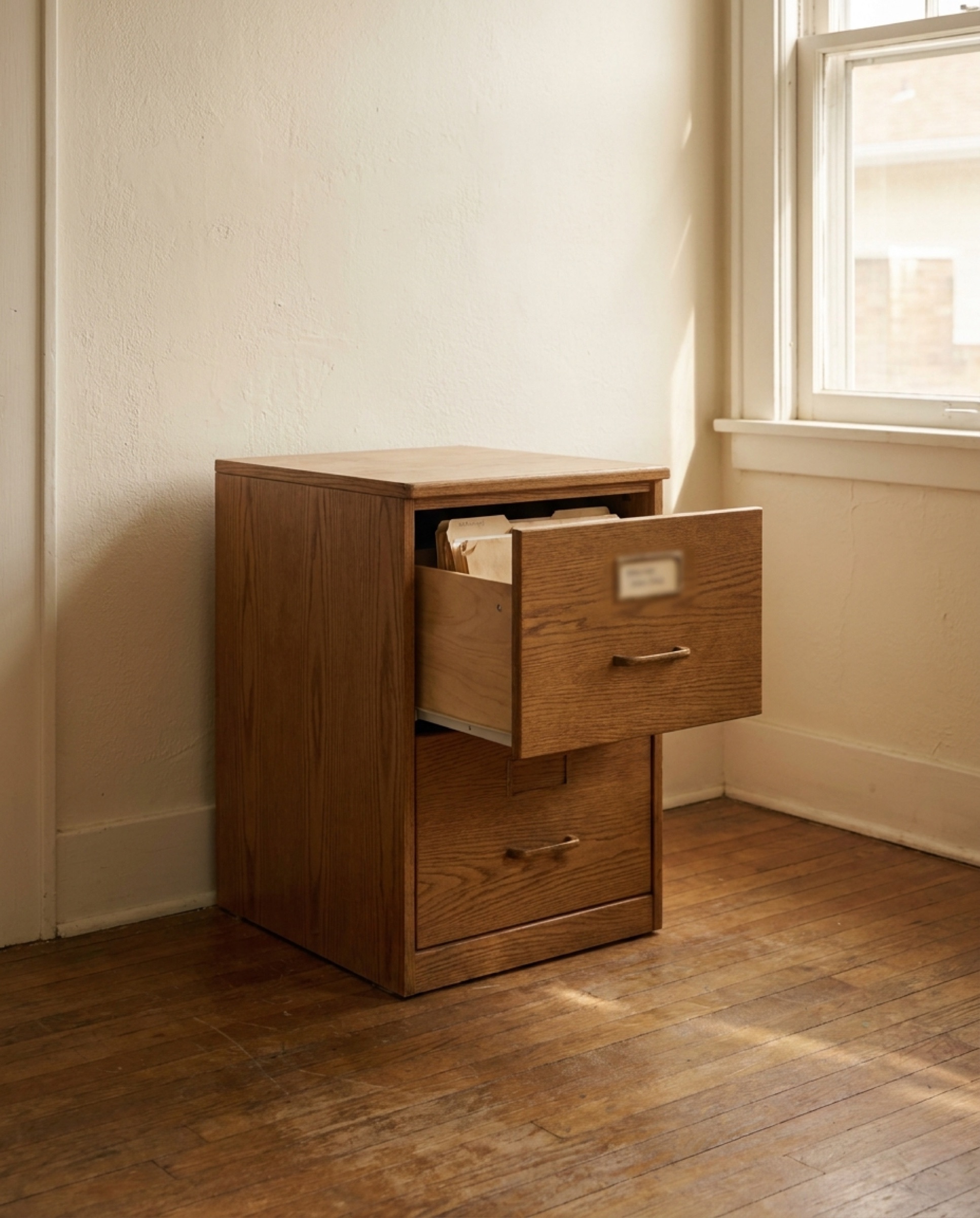 A small two-drawer wooden filing cabinet against a cream-painted wall, one drawer pulled half open, a single manila folder visible inside.